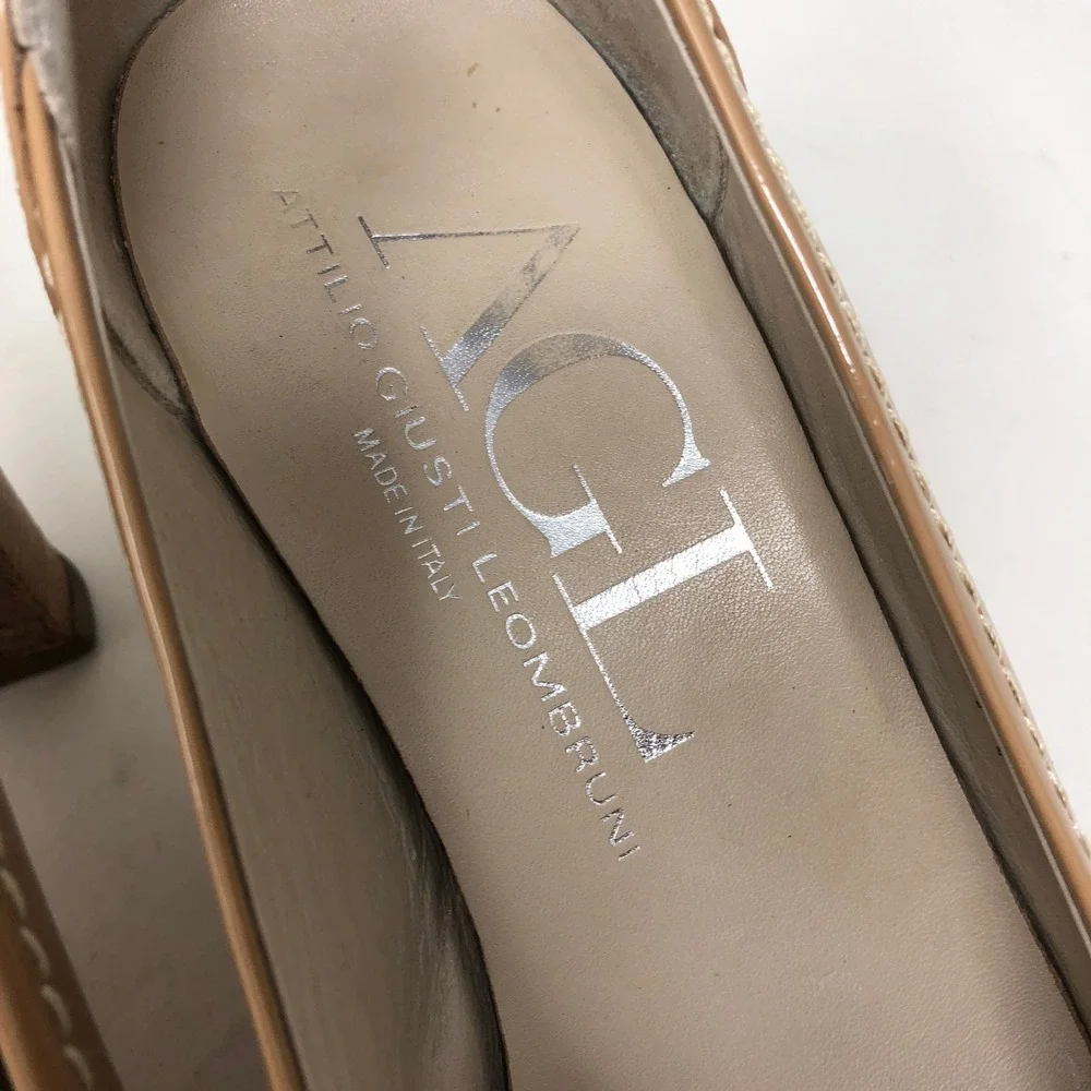 AGL Tan Patent Leather Pumps Round Toe Stitch Heels Womens 38.5